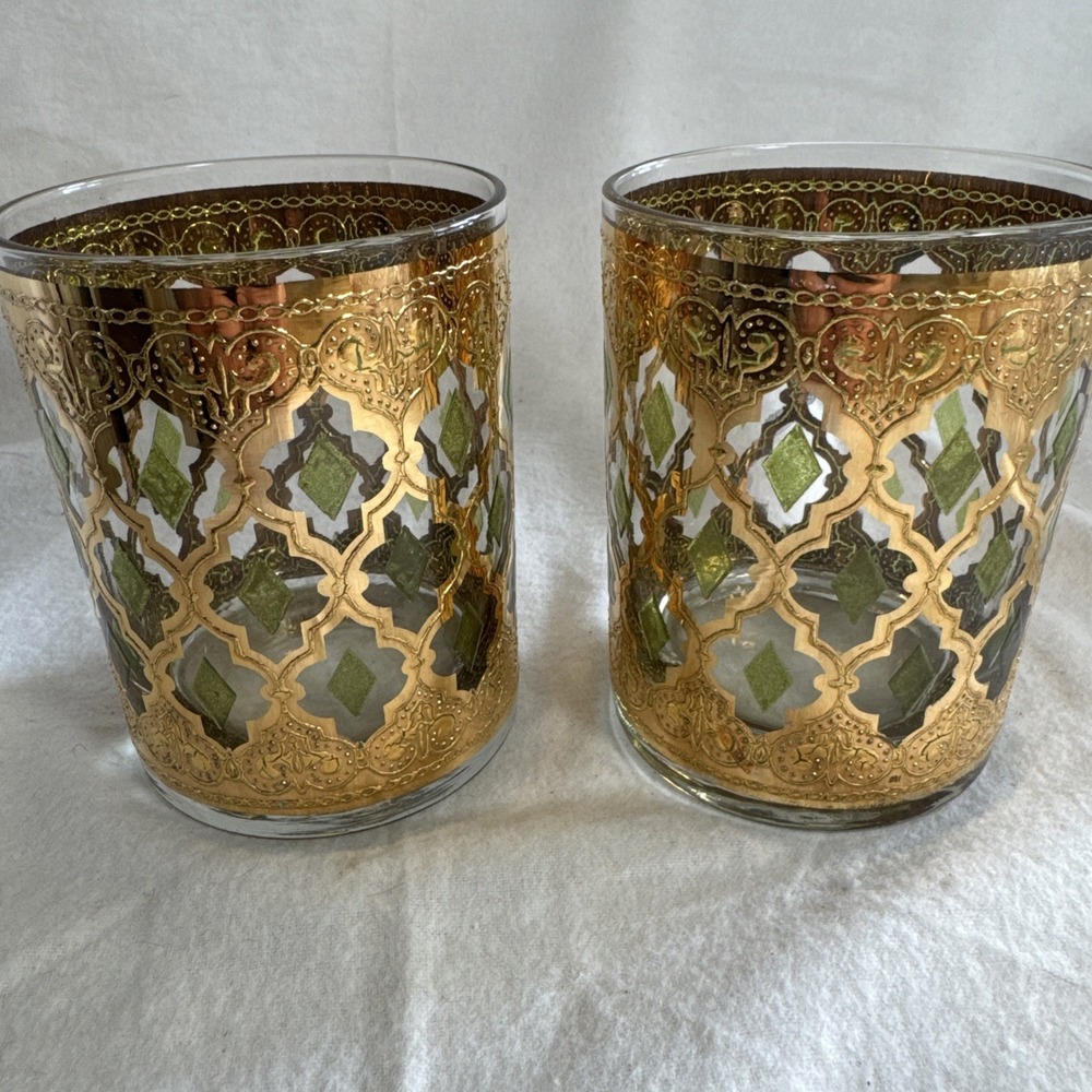 2 Culver Valencia Lowball Rock Glass Tumbler Green Gold Diamond MCM 4 1/4"